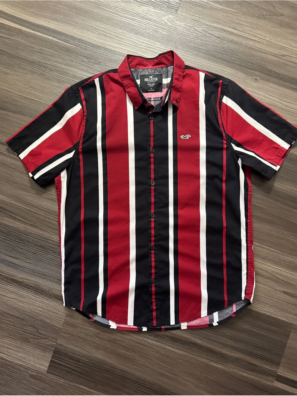 Hollister Men's Red, Black & White Vertical Stripe Short Sleeve Button-Up Shirt